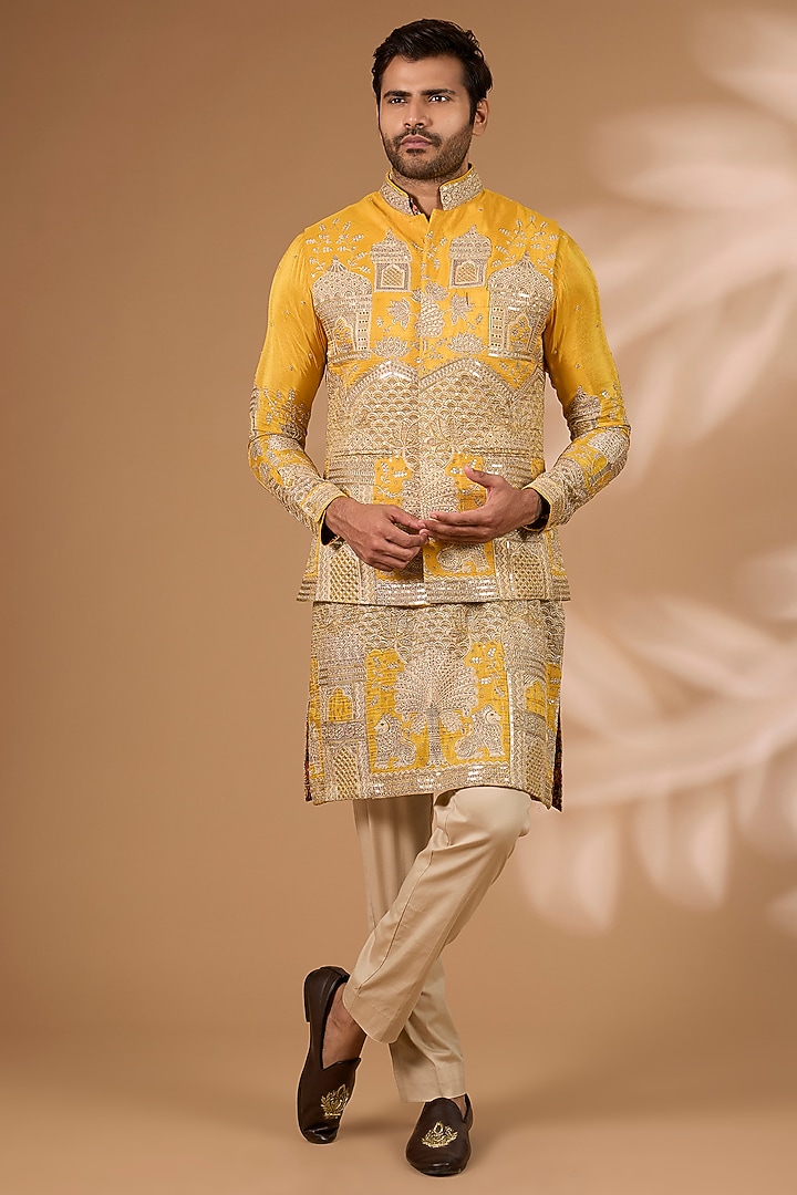 Yellow Silk Sequins Embroidered Bundi Jacket Set by Rabani & Rakha Men