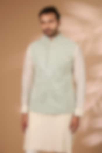 Sage Green Georgette Sequins Embroidered Bundi Jacket by Rabani & Rakha Men at Pernia's Pop Up Shop