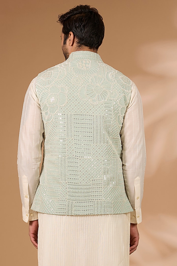 Sage Green Georgette Sequins Embroidered Bundi Jacket by Rabani & Rakha Men at Pernia's Pop Up Shop