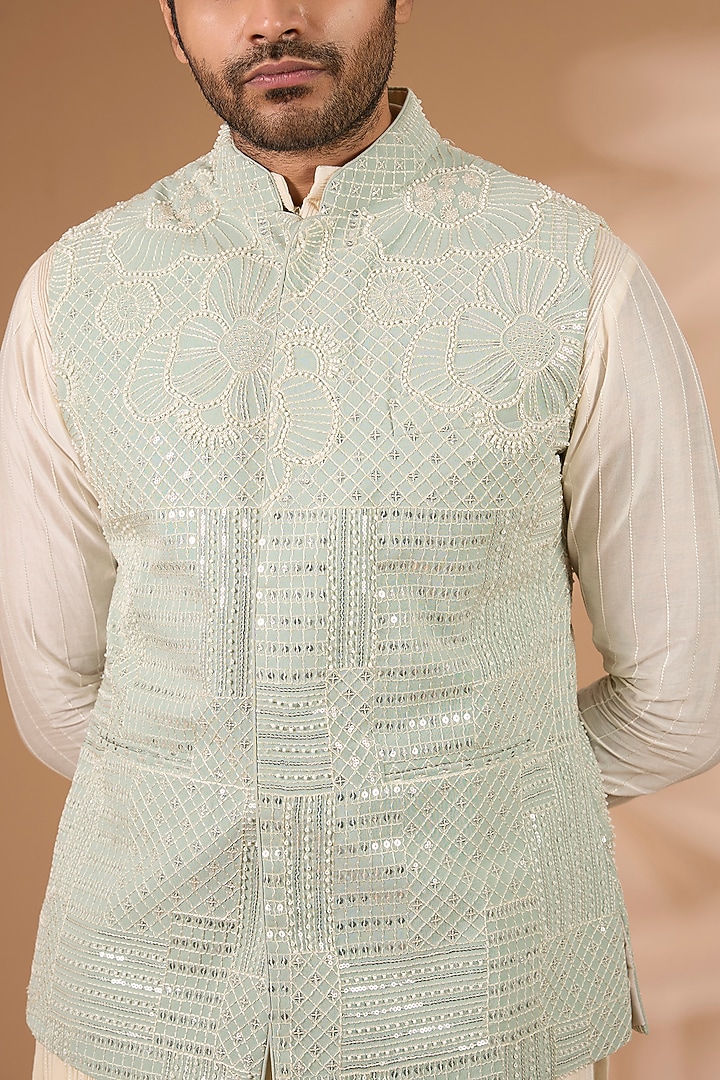 Sage Green Georgette Sequins Embroidered Bundi Jacket by Rabani & Rakha Men at Pernia's Pop Up Shop