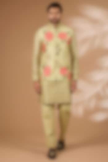 Olive Green Silk Floral Printed & Sequins Embroidered Bundi Jacket Set by Rabani & Rakha Men