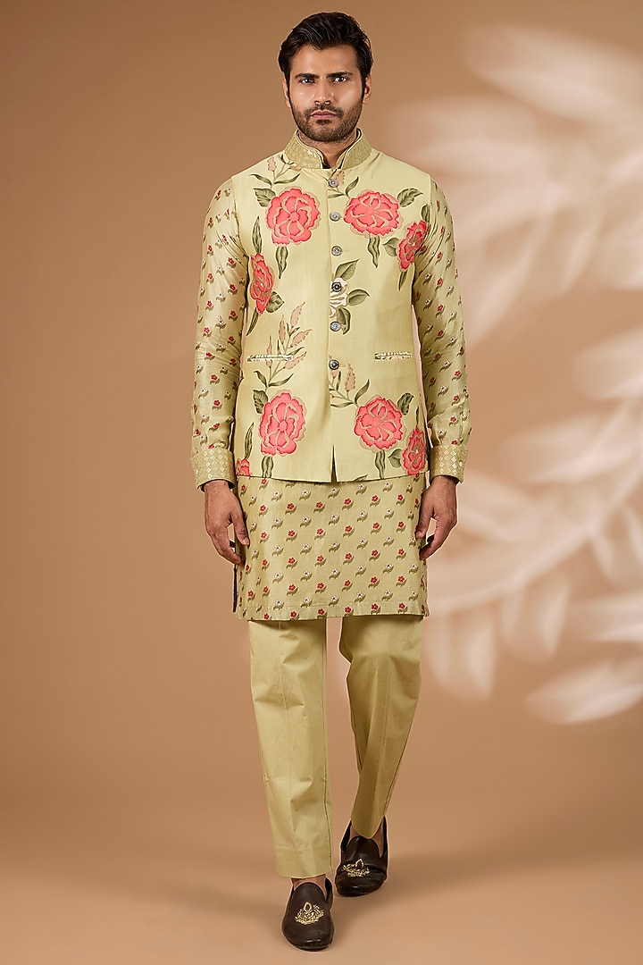 Olive Green Silk Floral Printed & Sequins Embroidered Bundi Jacket Set by Rabani & Rakha Men