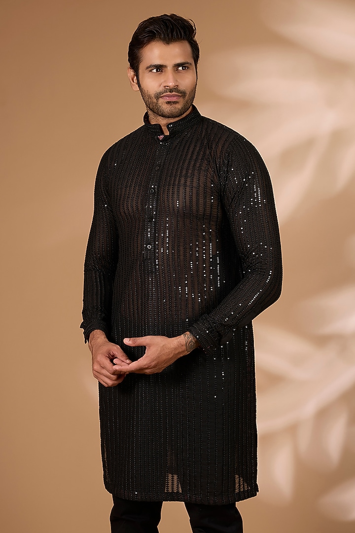 Black Georgette Sequins Embroidered Kurta Set by Rabani & Rakha Men at Pernia's Pop Up Shop
