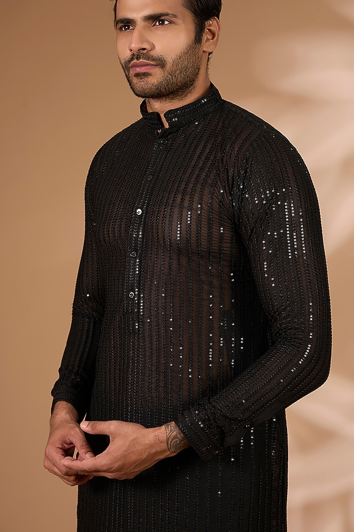 Black Georgette Sequins Embroidered Kurta Set by Rabani & Rakha Men at Pernia's Pop Up Shop