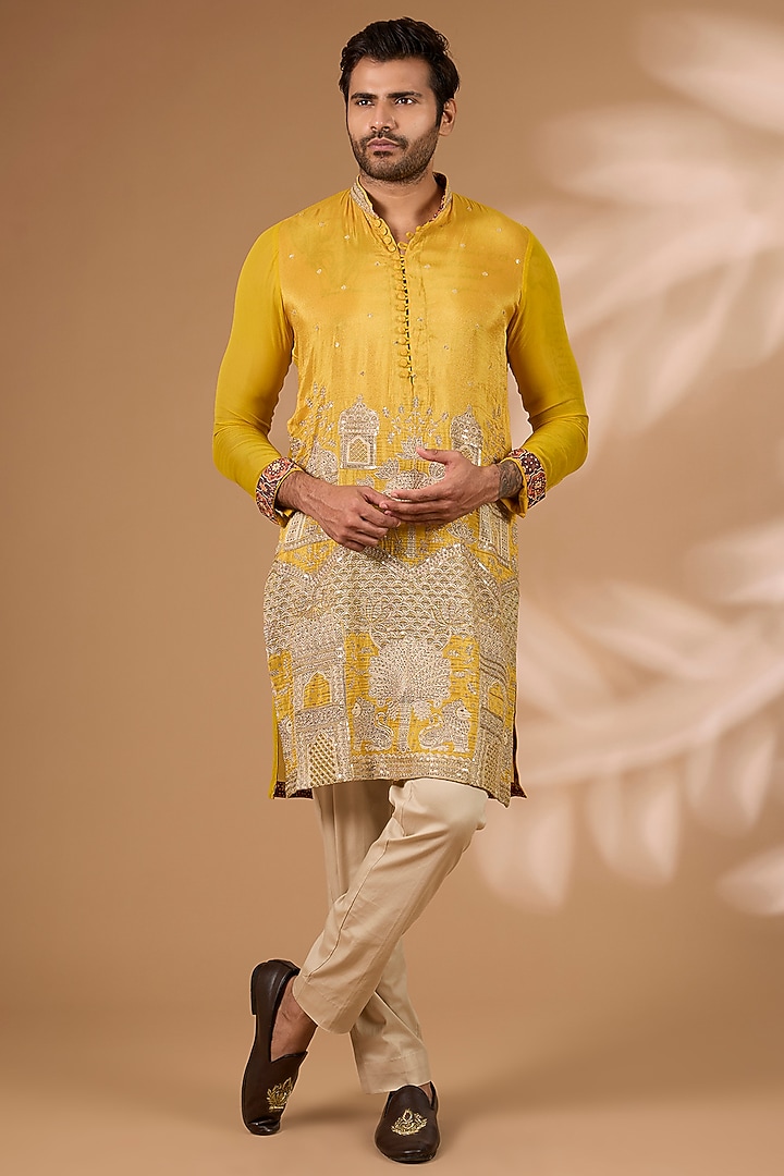 Yellow Silk Sequins Embroidered Kurta Set by Rabani & Rakha Men