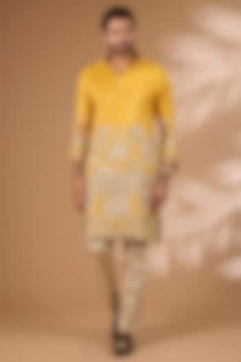 Yellow Silk Sequins Embroidered Kurta Set by Rabani & Rakha Men