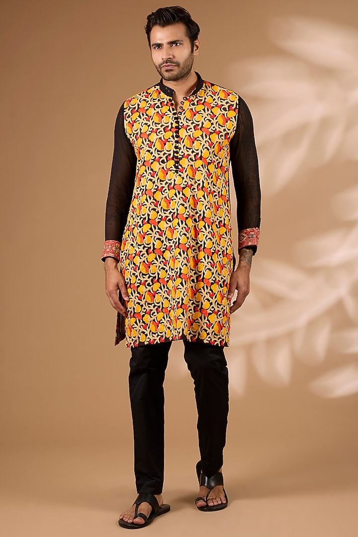Black Georgette Printed & Thread Embroidered Kurta Set by Rabani & Rakha Men