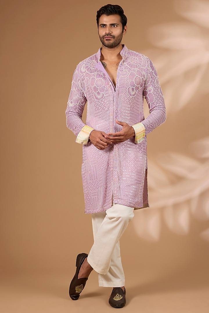 Lilac Georgette Thread Embroidered Kurta Set by Rabani & Rakha Men at Pernia's Pop Up Shop
