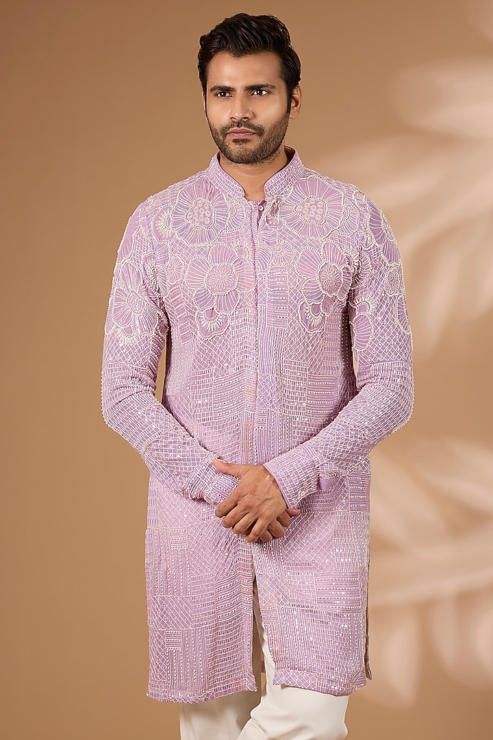 Lilac Georgette Thread Embroidered Kurta Set by Rabani & Rakha Men at Pernia's Pop Up Shop