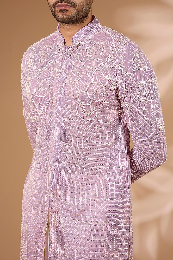 Lilac Georgette Thread Embroidered Kurta Set by Rabani & Rakha Men at Pernia's Pop Up Shop