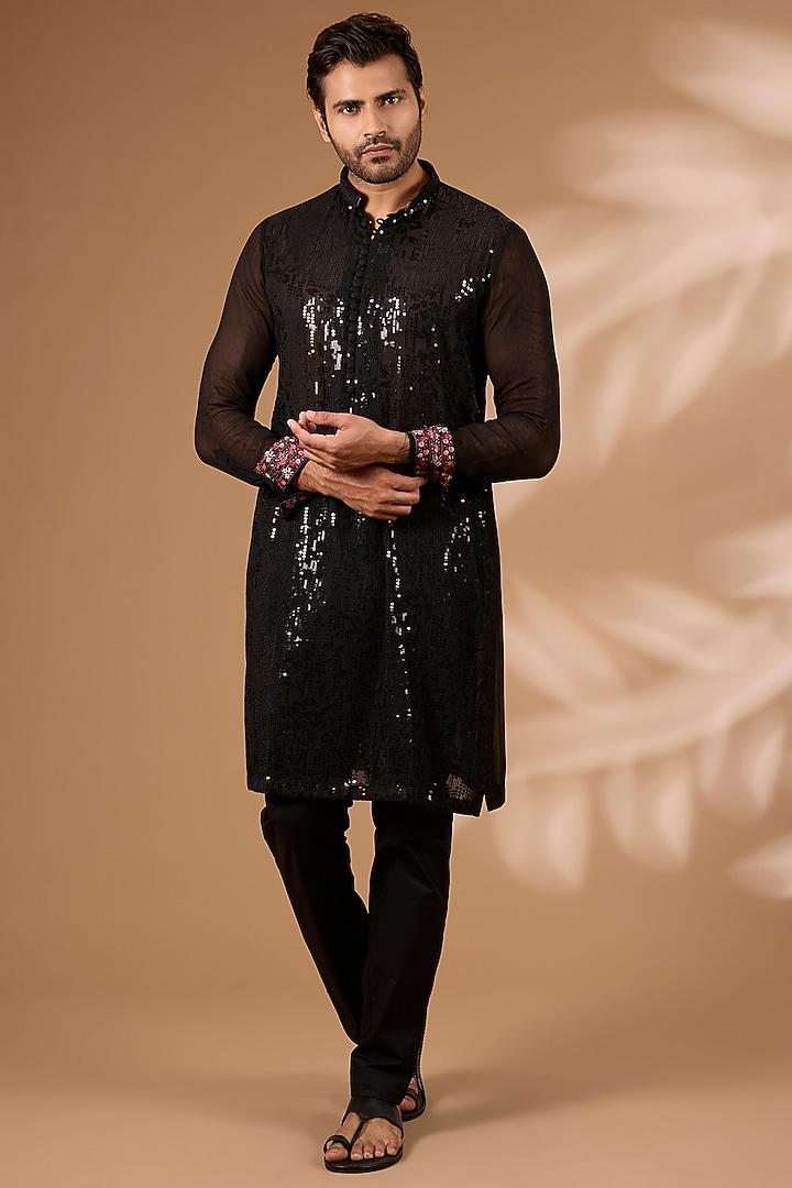 Black Georgette Thread Embroidered Kurta Set by Rabani & Rakha Men