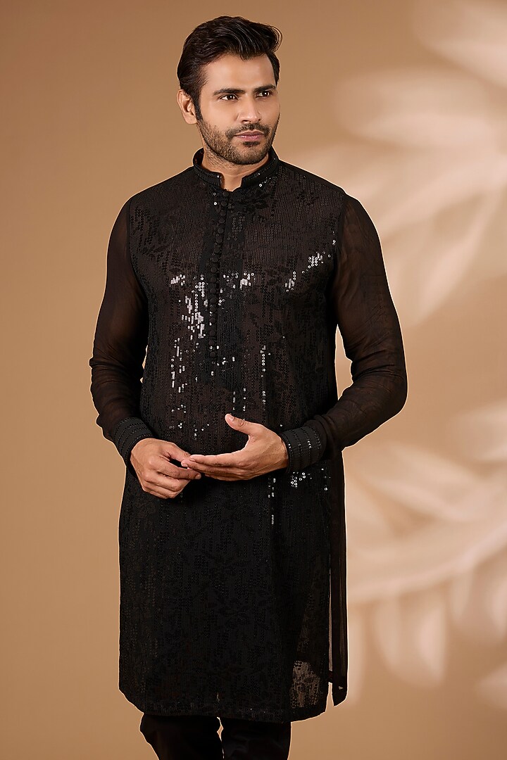 Black Georgette Thread Embroidered Kurta Set by Rabani & Rakha Men at Pernia's Pop Up Shop