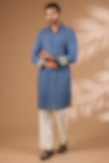 Teal Blue Georgette Sequins Embroidered Kurta Set by Rabani & Rakha Men