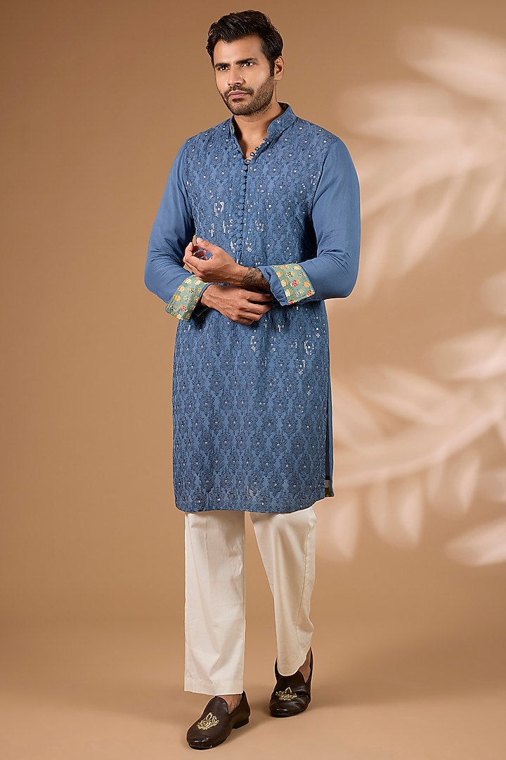 Teal Blue Georgette Sequins Embroidered Kurta Set by Rabani & Rakha Men