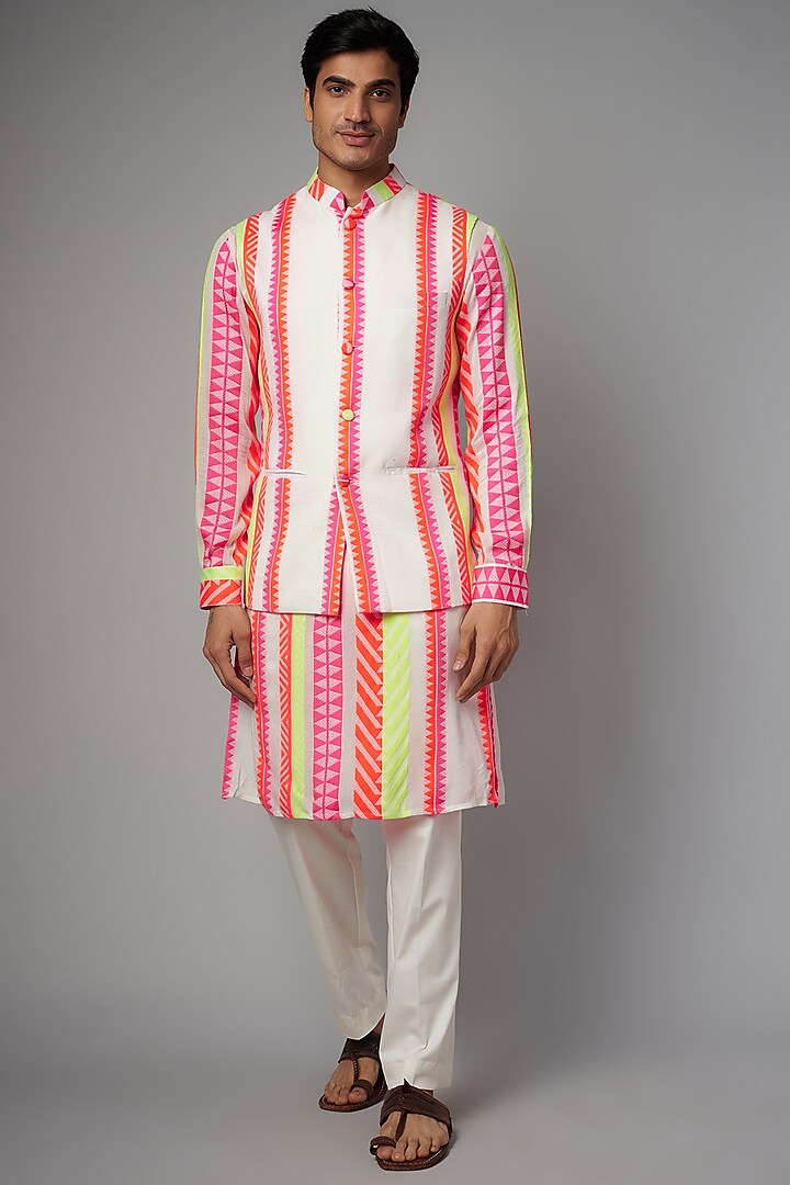 Ivory Cotton Printed Bundi Jacket Set by Rabani & Rakha Men