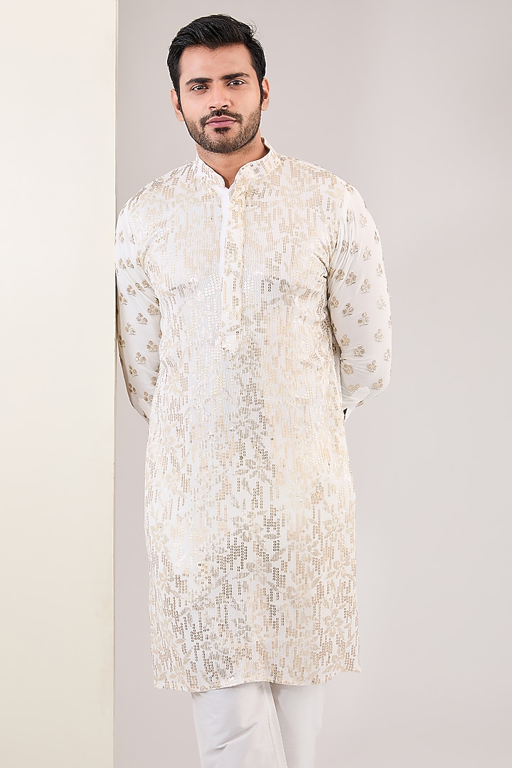 Off-White Georgette Sequins Embroidered Kurta Set by Rabani & Rakha Men at Pernia's Pop Up Shop