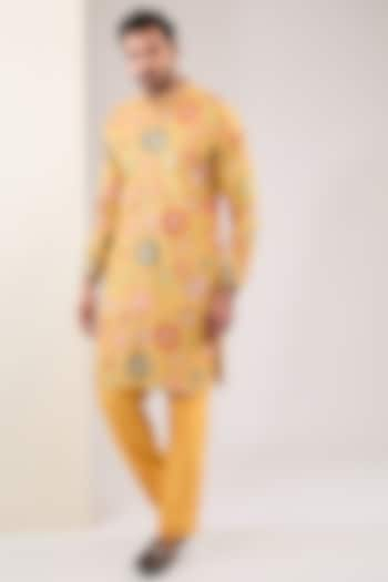 Yellow Georgette Thread & Sequins Embroidered Kurta Set by Rabani & Rakha Men