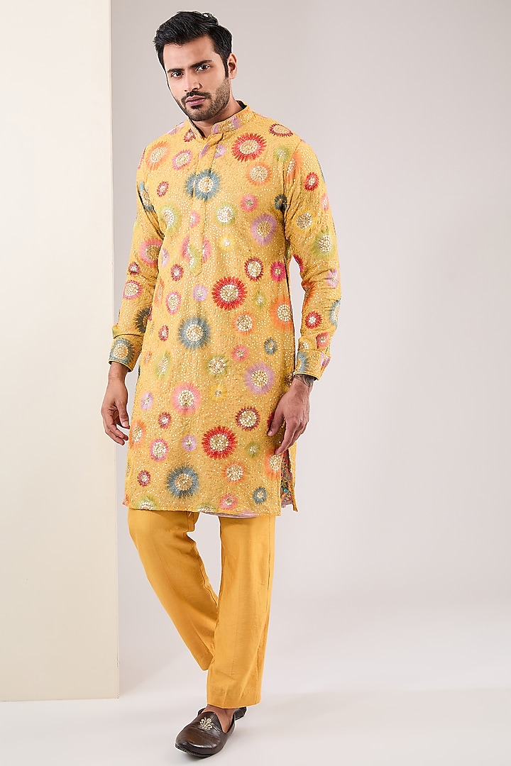 Yellow Georgette Thread & Sequins Embroidered Kurta Set by Rabani & Rakha Men