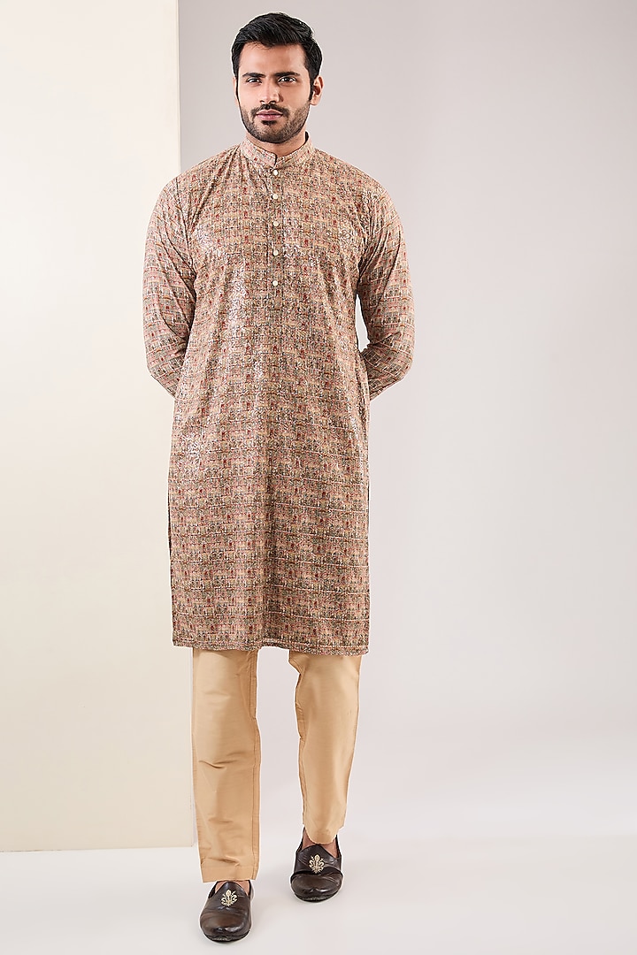 Pale Peach Georgette Sequins Embroidered & Printed Kurta Set by Rabani & Rakha Men