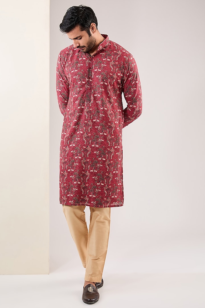 Red Georgette Sequins Embroidered & Printed Kurta Set by Rabani & Rakha Men