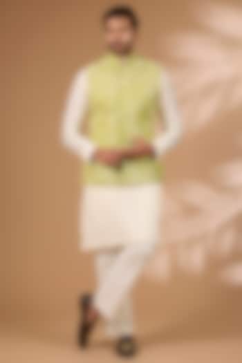 Lime Green Georgette Sequins Embroidered Bundi Jacket Set by Rabani & Rakha Men at Pernia's Pop Up Shop