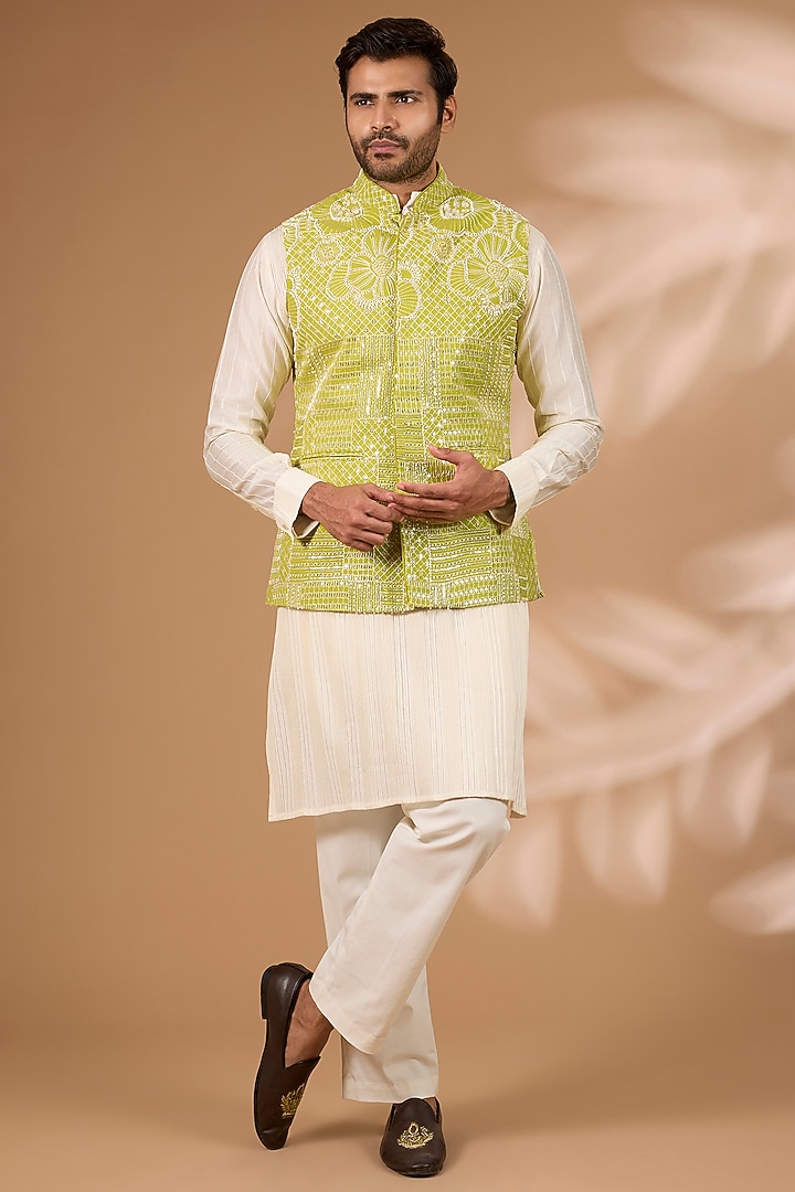 Lime Green Georgette Sequins Embroidered Bundi Jacket Set by Rabani & Rakha Men at Pernia's Pop Up Shop