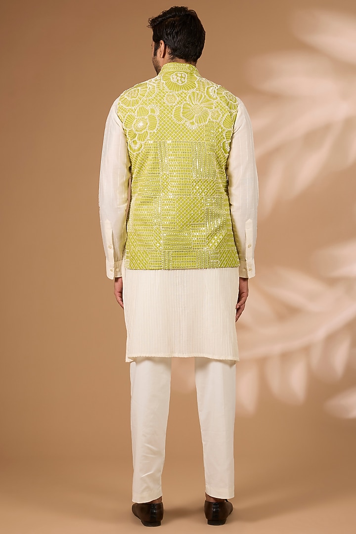 Lime Green Georgette Sequins Embroidered Bundi Jacket Set by Rabani & Rakha Men at Pernia's Pop Up Shop