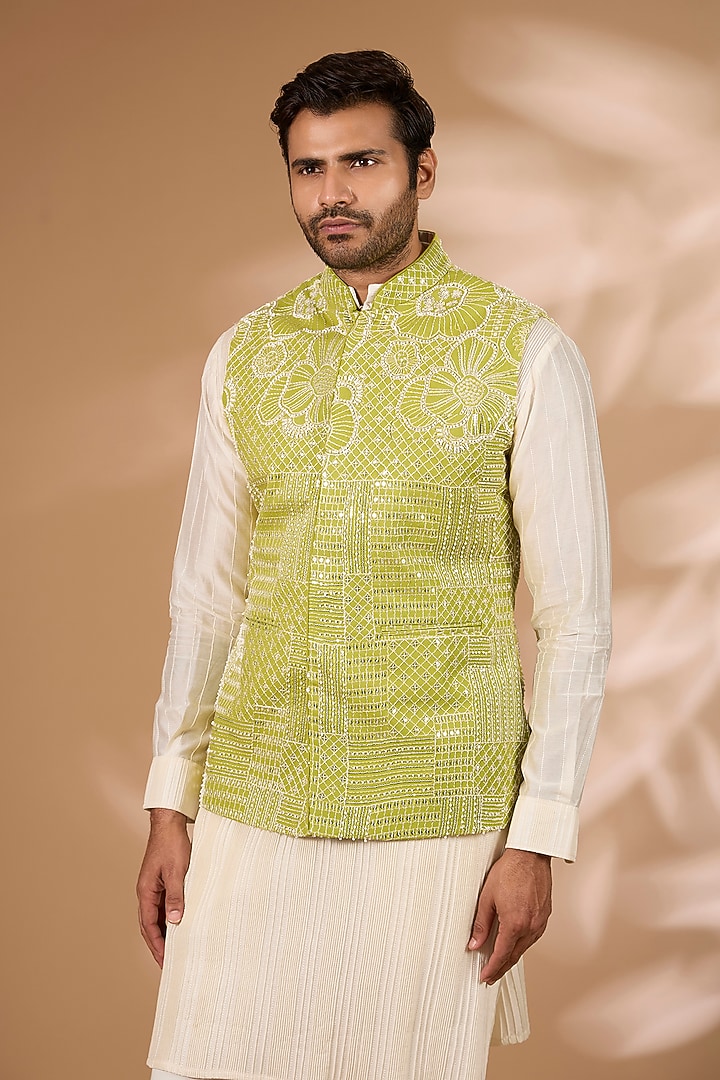 Lime Green Georgette Sequins Embroidered Bundi Jacket Set by Rabani & Rakha Men at Pernia's Pop Up Shop