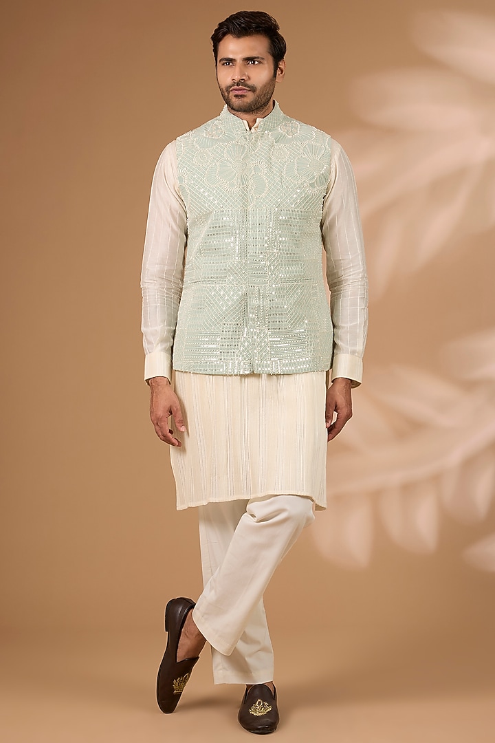 Sage Green Georgette Sequins Embroidered Bundi Jacket Set by Rabani & Rakha Men at Pernia's Pop Up Shop