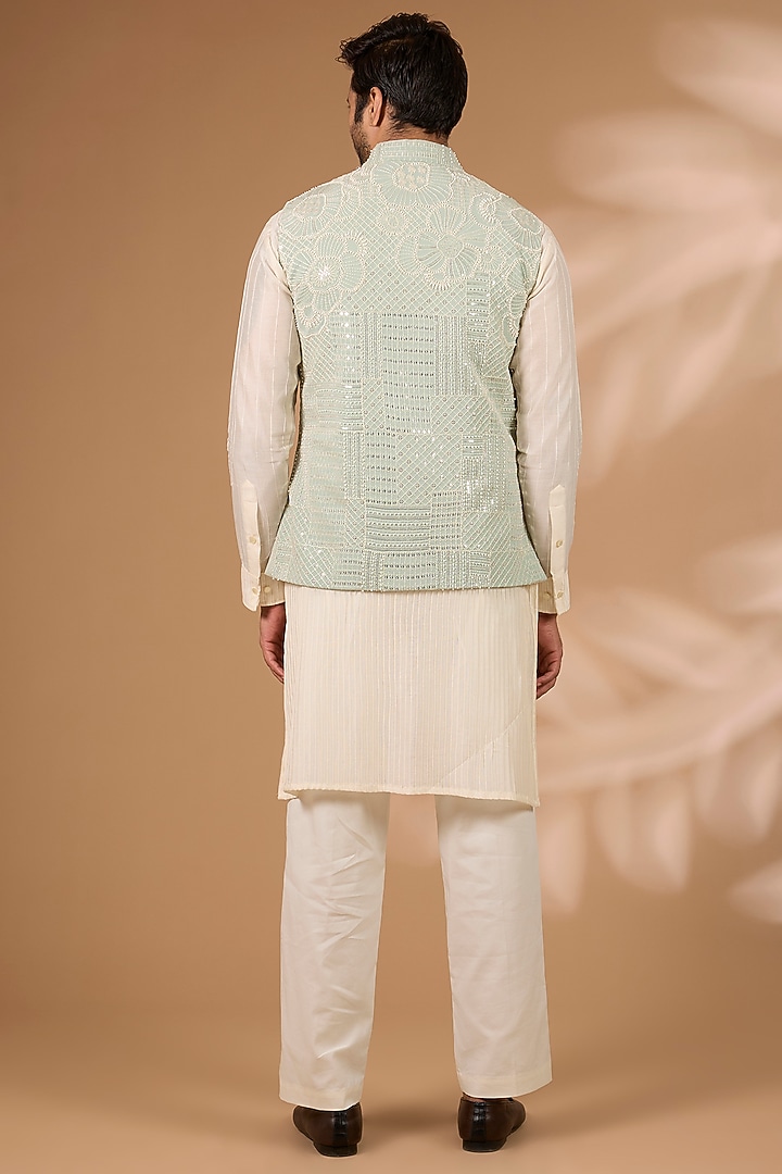 Sage Green Georgette Sequins Embroidered Bundi Jacket Set by Rabani & Rakha Men at Pernia's Pop Up Shop