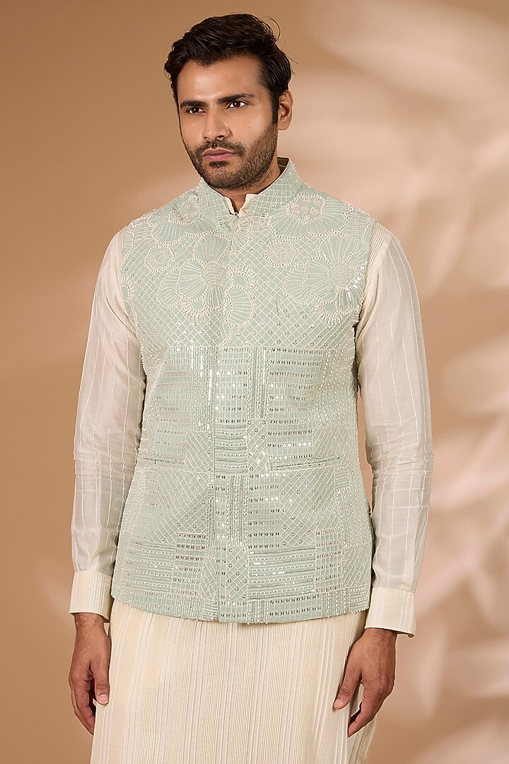 Sage Green Georgette Sequins Embroidered Bundi Jacket Set by Rabani & Rakha Men at Pernia's Pop Up Shop