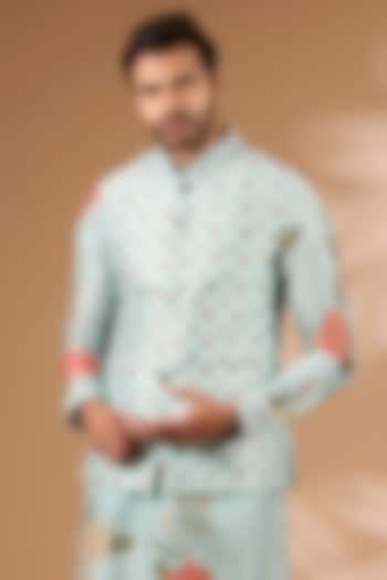 Aqua Silk Floral Printed & Sequins Embroidered Bundi Jacket by Rabani & Rakha Men at Pernia's Pop Up Shop