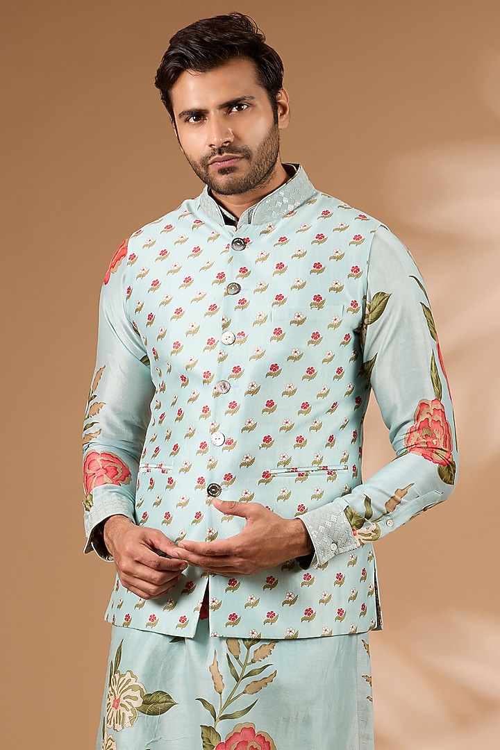 Aqua Silk Floral Printed & Sequins Embroidered Bundi Jacket by Rabani & Rakha Men at Pernia's Pop Up Shop