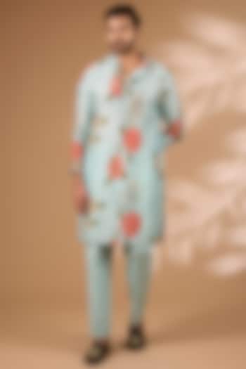 Aqua Silk Floral Printed & Sequin Work Kurta Set by Rabani & Rakha Men at Pernia's Pop Up Shop