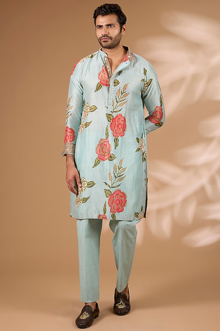 Aqua Silk Floral Printed & Sequin Work Kurta Set by Rabani & Rakha Men at Pernia's Pop Up Shop
