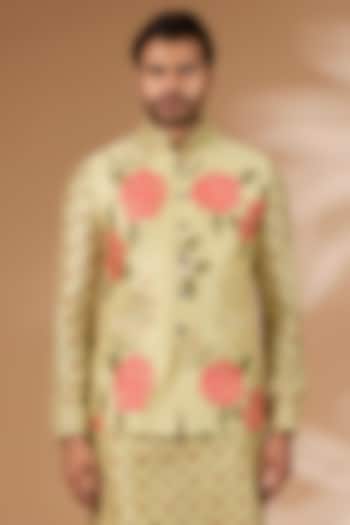 Olive Green Silk Floral Printed & Sequins Embroidered Bundi Jacket by Rabani & Rakha Men