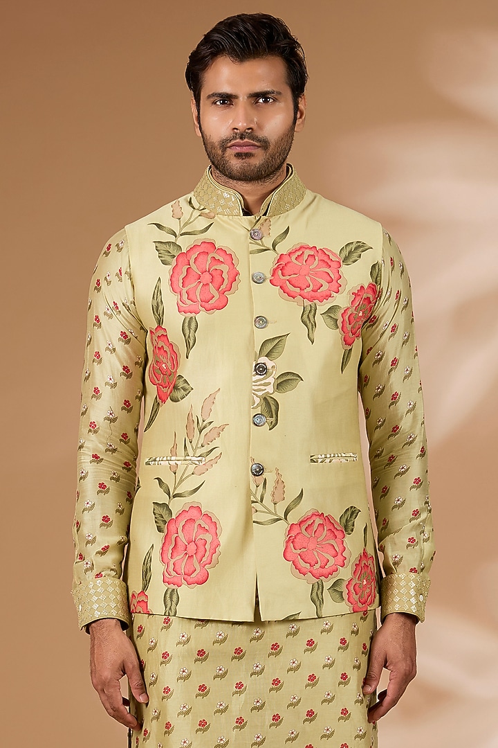 Olive Green Silk Floral Printed & Sequins Embroidered Bundi Jacket by Rabani & Rakha Men