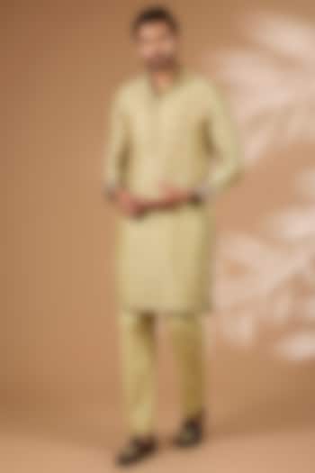 Olive Green Floral Printed & Sequins Work Kurta Set by Rabani & Rakha Men