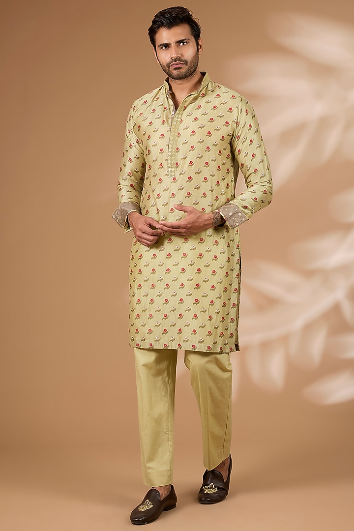 Olive Green Floral Printed & Sequins Work Kurta Set by Rabani & Rakha Men