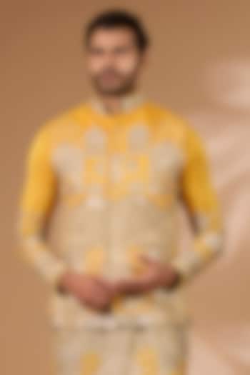 Yellow Silk Sequins Embroidered Bundi Jacket by Rabani & Rakha Men