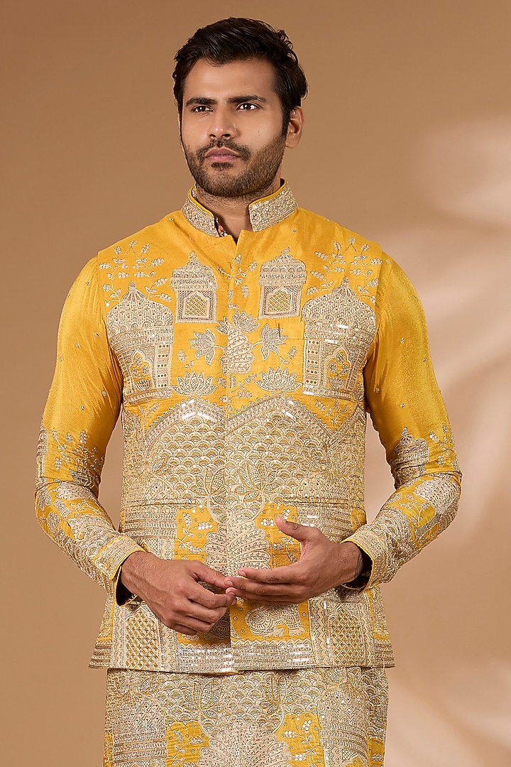 Yellow Silk Sequins Embroidered Bundi Jacket by Rabani & Rakha Men