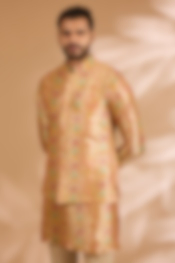 Multi-Colored Banarasi Silk Printed Bundi Jacket by Rabani & Rakha Men at Pernia's Pop Up Shop