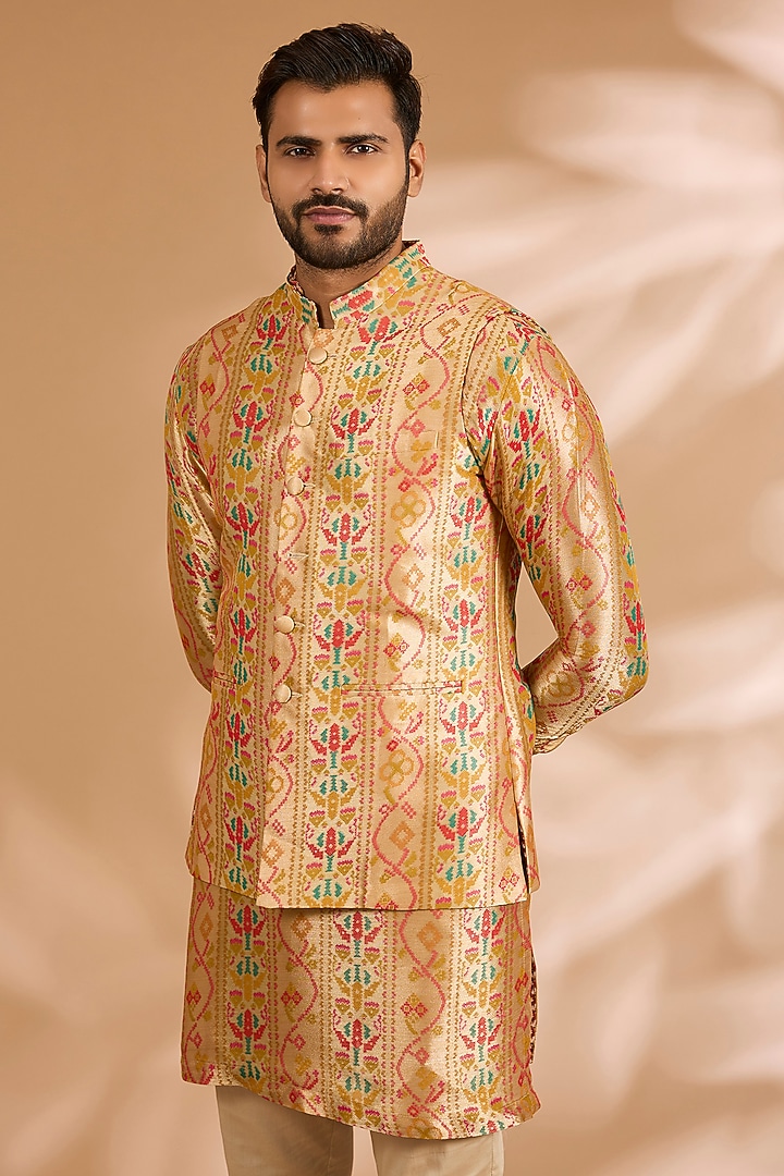 Multi-Colored Banarasi Silk Printed Bundi Jacket by Rabani & Rakha Men at Pernia's Pop Up Shop