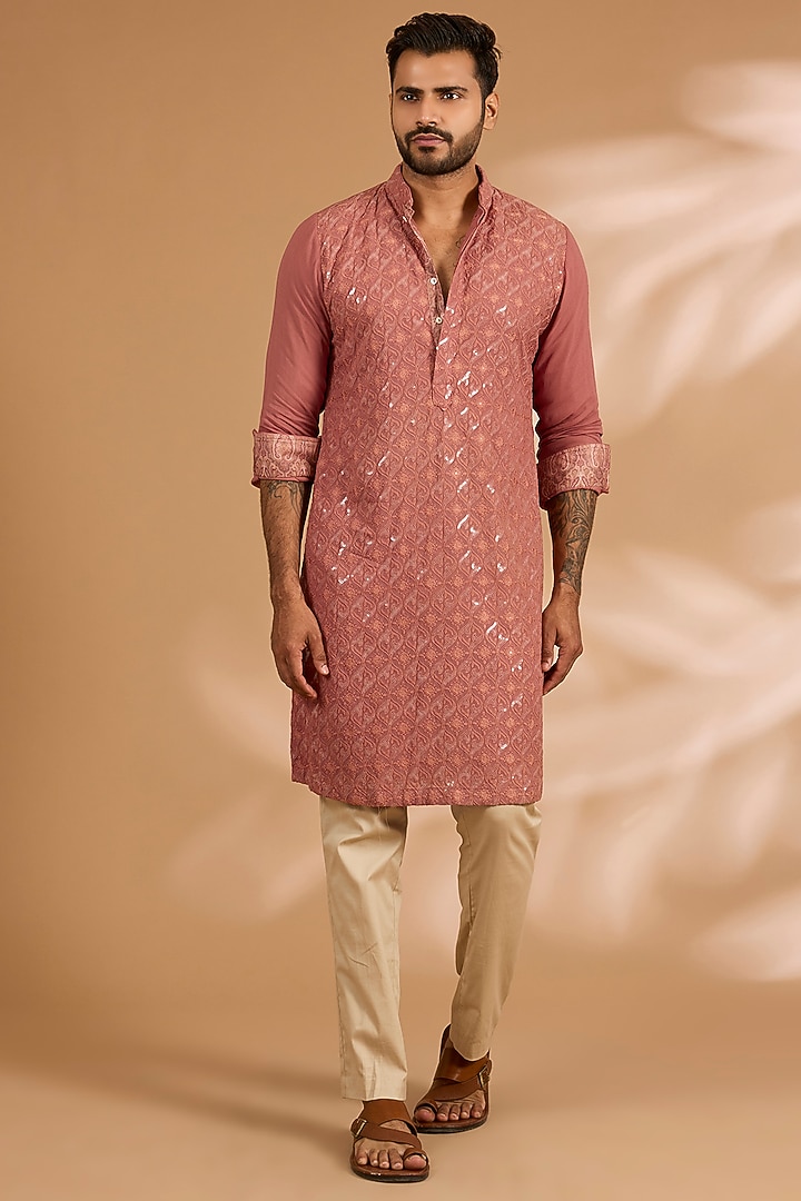 Rust Orange Georgette Thread Embroidered Kurta Set by Rabani & Rakha Men at Pernia's Pop Up Shop