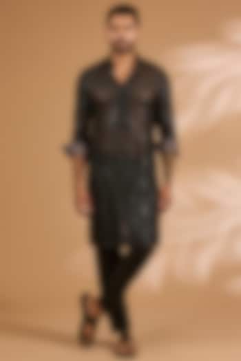 Black Georgette Sequins Work Kurta Set by Rabani & Rakha Men at Pernia's Pop Up Shop