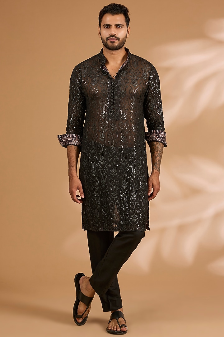 Black Georgette Sequins Work Kurta Set by Rabani & Rakha Men at Pernia's Pop Up Shop