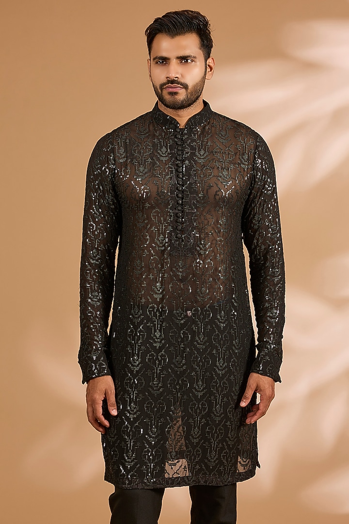 Black Georgette Sequins Work Kurta Set by Rabani & Rakha Men at Pernia's Pop Up Shop