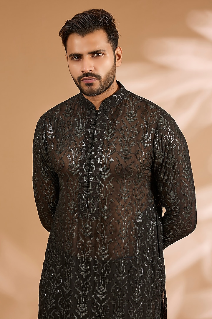 Black Georgette Sequins Work Kurta Set by Rabani & Rakha Men at Pernia's Pop Up Shop