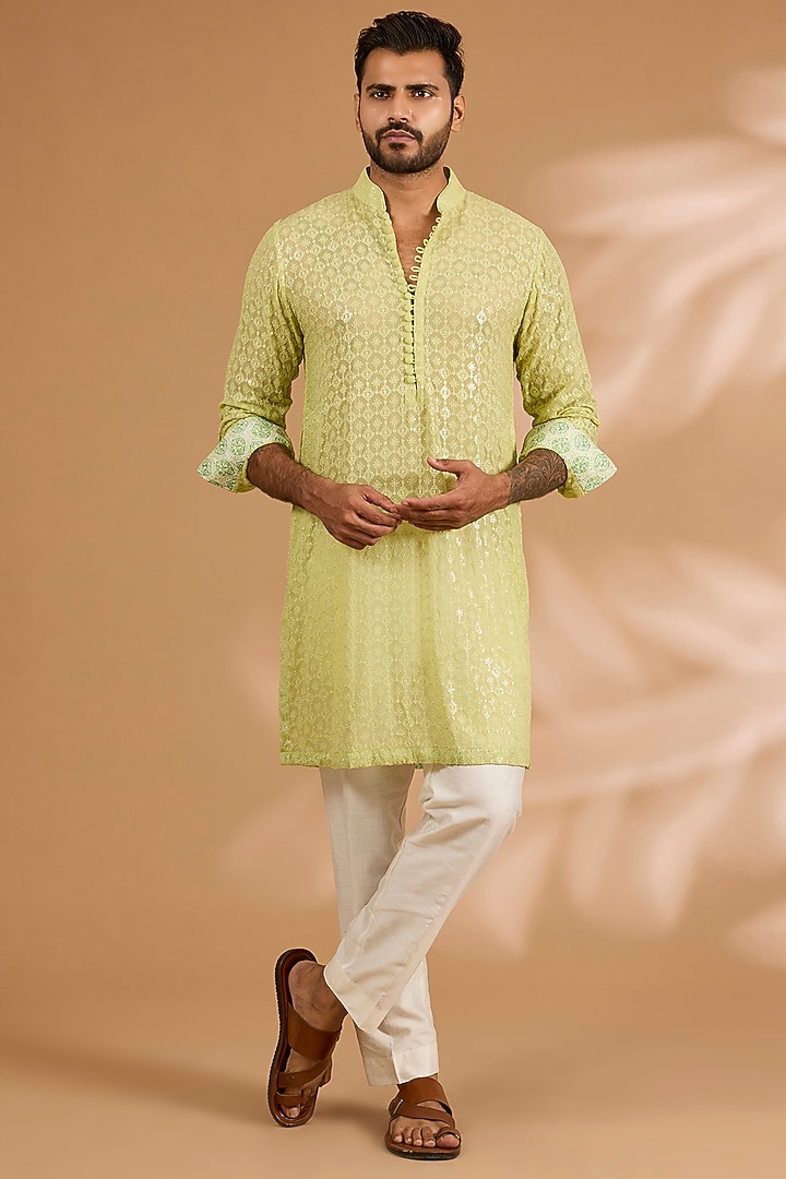 Lime Green Georgette Thread Embroidered Kurta Set by Rabani & Rakha Men at Pernia's Pop Up Shop