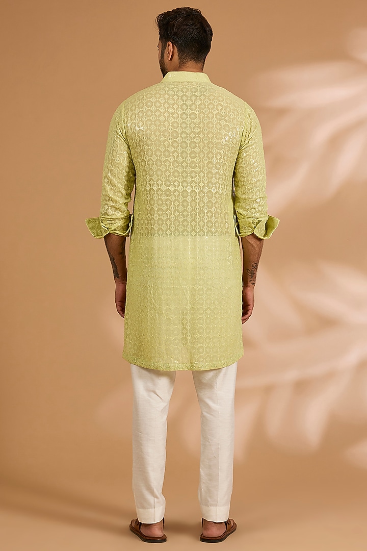 Lime Green Georgette Thread Embroidered Kurta Set by Rabani & Rakha Men at Pernia's Pop Up Shop